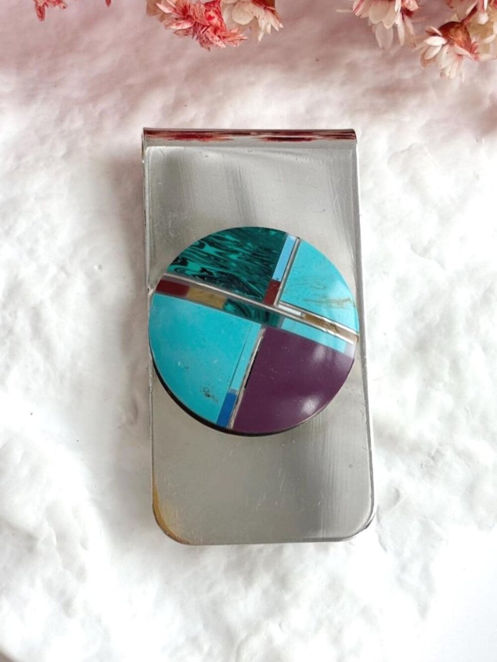 Natural Stone Inlaid Southwest Vintage Stainless Steel Money Clip